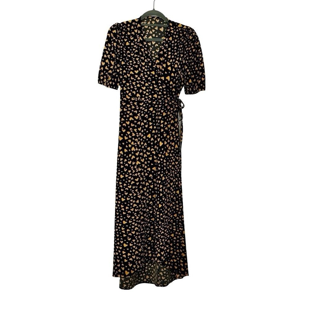 POPSUGAR Black Yellow Heart Print Wrap Maxi Dress Puff Sleeve XS - Picture 2 of 16
